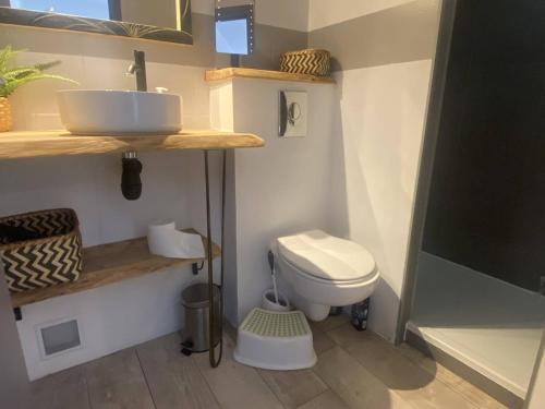 une petite salle de bain avec toilettes et lavabo dans l'établissement Appartement rénové en bord de mer avec terrasse, accès direct à la plage, parking privé, WIFI - FR-1-782-62, au Barcarès