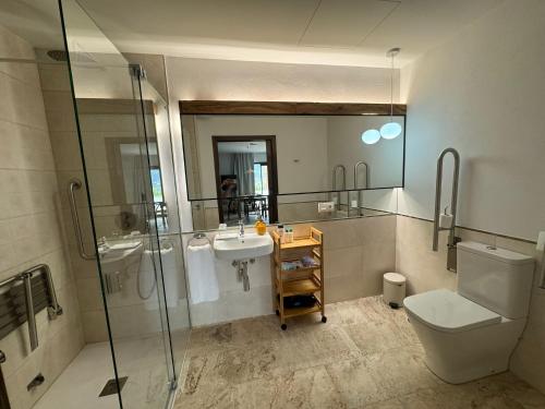 a bathroom with a toilet and a sink and a shower at CASA YANGUAS APARTAMENTOS RURALES EN LAUJAR DE ANDARAx in Laujar de Andarax