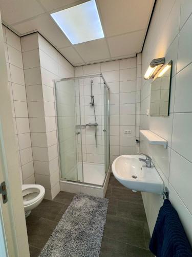 a bathroom with a shower and a sink and a toilet at 86 3City Appartement met Privé parkeerplaats in Enschede