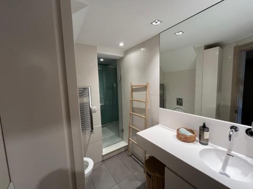 een badkamer met een wastafel en een spiegel bij KAI GANE Excepcional apartamento puerto viejo de Bermeo in Bermeo