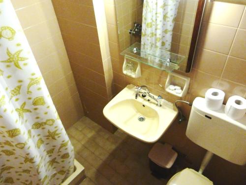 baño con lavabo y cortina de ducha en Hotel Boulis, en Kamarai