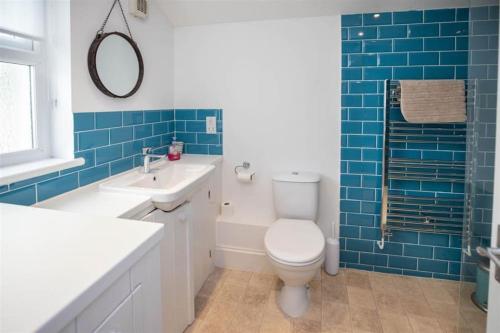 a bathroom with a toilet and a sink and blue tiles at Superbly located Tenby cottage in Tenby