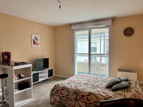 une chambre avec un lit, une télévision et une fenêtre dans l'établissement Charmant studio tours nord, à Tours