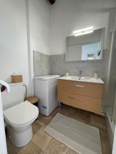 une salle de bain avec toilettes, lavabo et miroir dans l'établissement Appartement Pinède Piscine Clim proche Plage village naturiste, au Cap d'Agde