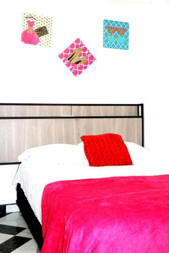 a bedroom with a large bed with a red pillow at Aparta Suite Torre De Prado 302 in Medellín
