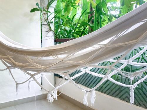 a hammock in a room with plants at Pousada Dos Artistas in Praia do Forte