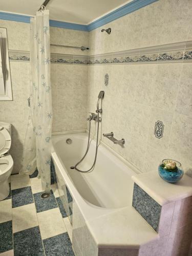 a bathroom with a bath tub and a toilet at Ανετο σπίτι κοντά στη θάλασσα in Vrontados