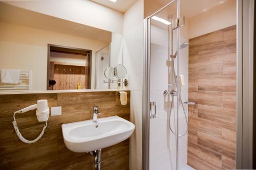 W łazience znajduje się umywalka i prysznic. w obiekcie JUFA Hotel Annaberg w mieście Annaberg