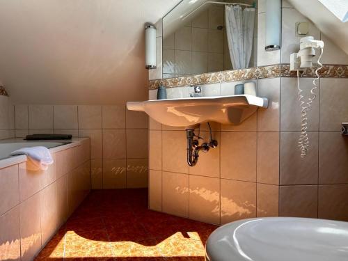een badkamer met een wastafel en een spiegel bij Hotel Ostseeblick in Ostseebad Karlshagen