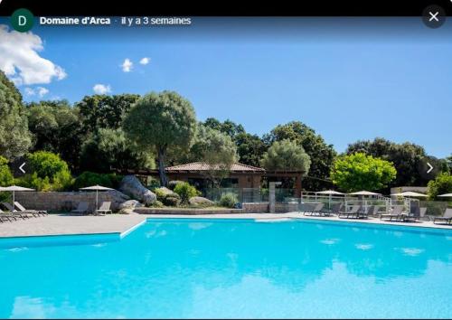 une grande piscine bleue avec chaises et parasols dans l'établissement Appart Stella résidence standing, vue panoramique, à Porto-Vecchio