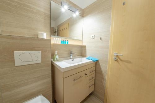 a bathroom with a sink and a mirror at Apartment City Inn Pécs in Pécs