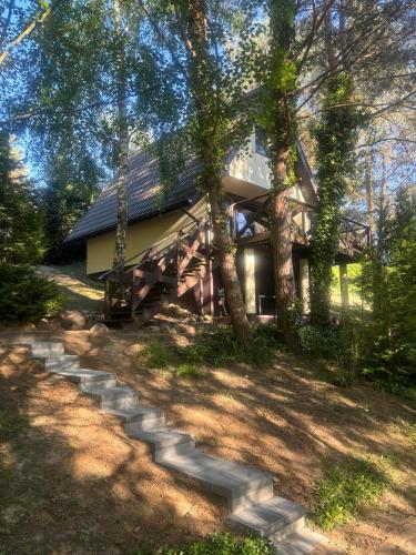 a house with a staircase in front of it at Domek Sosnowe Wzgórze Wiktorowo in Gąsawa
