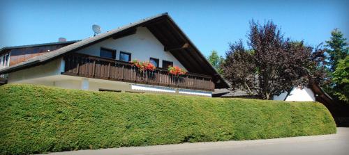 a house with a balcony with flowers on it at Ferienwohnung Walker in Neudingen