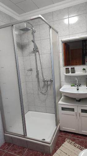 a bathroom with a shower and a sink at Sziklaszirt - Wellnes Vendégház in Salgótarján