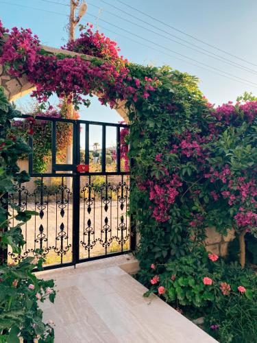 un ingresso a un giardino con fiori rosa di Limon Hotel a Çeşme