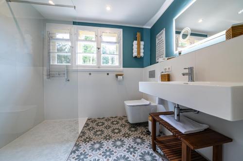 a bathroom with a sink and a shower and a toilet at Sonnenhäusle - Natur. Fernblick. Panorama-Sauna. in Sasbachwalden