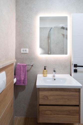 a bathroom with a sink and a mirror and purple towels at Apartman Iko Cista Provo in Cista Provo