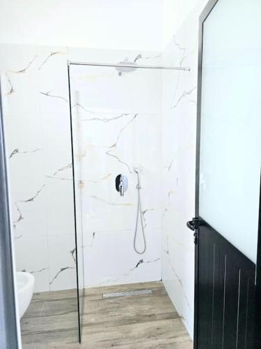 a bathroom with a shower with a glass door at Ambelas Getaways in Himare