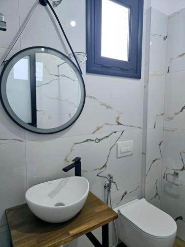 a bathroom with a sink and a mirror and a toilet at Ambelas Getaways in Himare