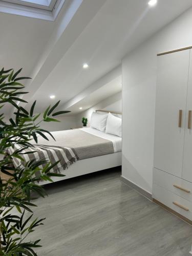 um quarto branco com uma cama e uma planta em Lotfnazarewaves na Nazaré