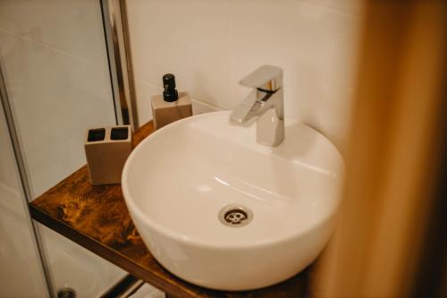 a white sink in a bathroom next to a shower at Uvacki raj in Radijevići