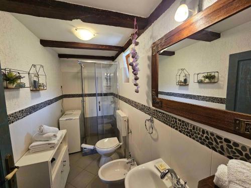 bagno con lavandino, servizi igienici e specchio di Holiday home in Dobrec 15115 a Dobreć
