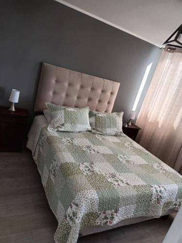 ein Schlafzimmer mit einem Bett mit einer grünen Decke und Kissen in der Unterkunft Arriendo hermoso departamento in Santiago