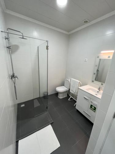 a bathroom with a shower and a toilet and a sink at O Prior - Aposentos in Urzelina
