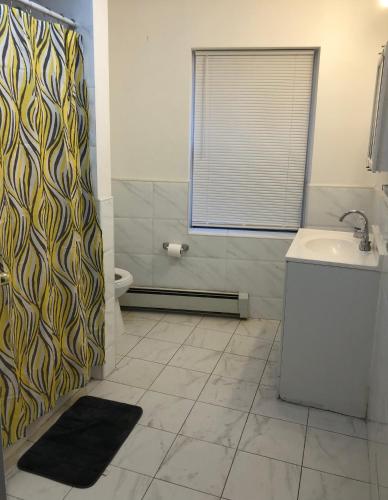 a bathroom with a shower and a sink and a toilet at Large and private apartment can sleep up to 8 people comfortably with direct NYC Manhattan train only 5 minute walk away in Elizabeth