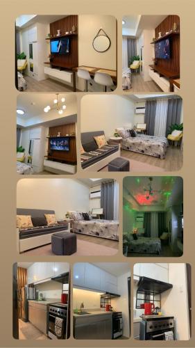 a collage of four pictures of a living room at The Median studio unit near Cebu IT Park Lahug in Cebu City