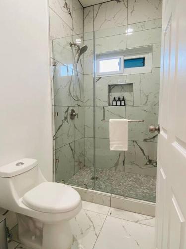 a bathroom with a toilet and a glass shower at Casa Victoria in Flores