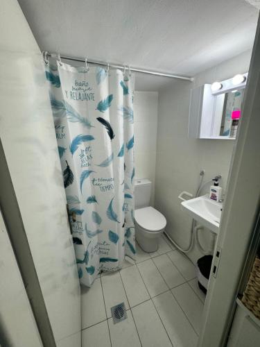 ein Badezimmer mit Duschvorhang, Toilette und Waschbecken in der Unterkunft Mykonos Seaside Villa in Paralía Avdhíron
