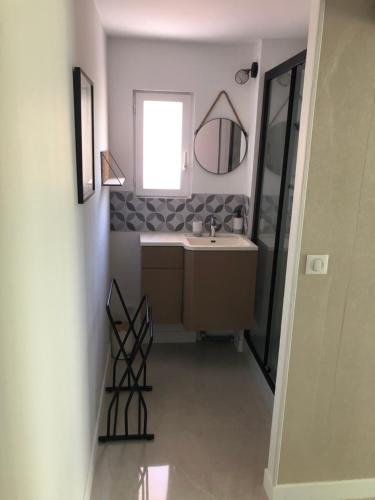 une salle de bain avec un lavabo et un miroir dans l'établissement Bienvenue chez vous, à Saint-Cézaire-sur-Siagne
