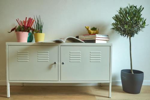 a white cabinet with books and plants on it at Casa Colombo in Grosseto