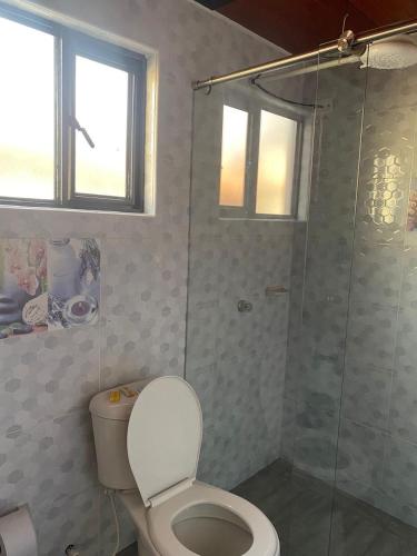 a bathroom with a toilet and a glass shower at Apartamento Entero 201 NUEVO in Guatavita