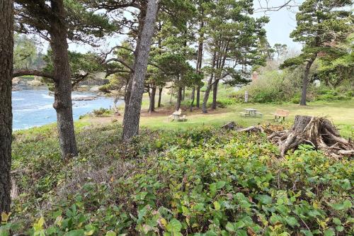 a park with two benches and trees next to the water at Ocean Front Condo! Spectacular Ocean Views! Walk to Everything! in Depoe Bay