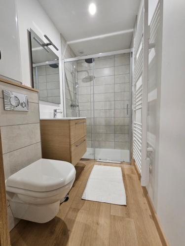 une salle de bain blanche avec toilettes et douche dans l'établissement Centre bourg Ouistreham, à Ouistreham
