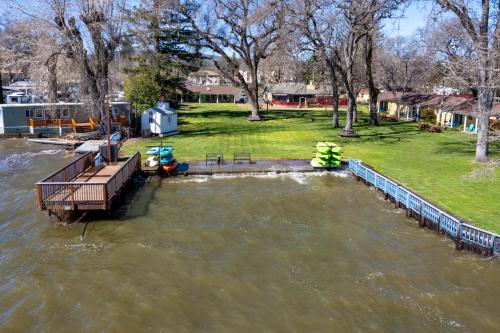 an aerial view of a river with a dock at Skylark Shores Resort in Lakeport