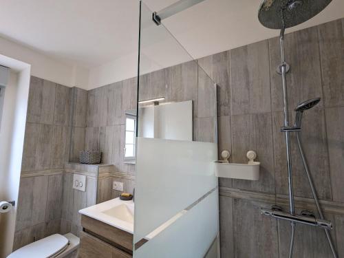 een badkamer met een douche, een toilet en een wastafel bij Gîte Ardentes, 3 pièces, 6 personnes - FR-1-591-585 in Ardentes