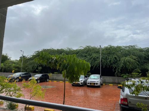 a group of cars parked in a parking lot at peña azul la morada Sánchez in Ricaurte