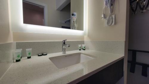 La salle de bains est pourvue d'un lavabo et d'un miroir. dans l'établissement Presidio Parkway Inn, à San Francisco