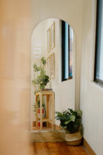 a hallway with two potted plants in a room at Pallet Homes - Petalsville in Iloilo City