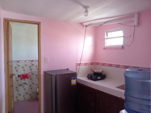 a pink bathroom with a refrigerator and a sink at Kelsey's Homestay in Burgos