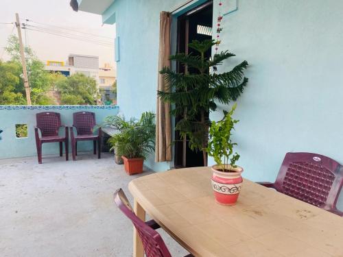 a wooden table with a potted plant on a patio at NeemTree Homestay NewHampi in New Hampi