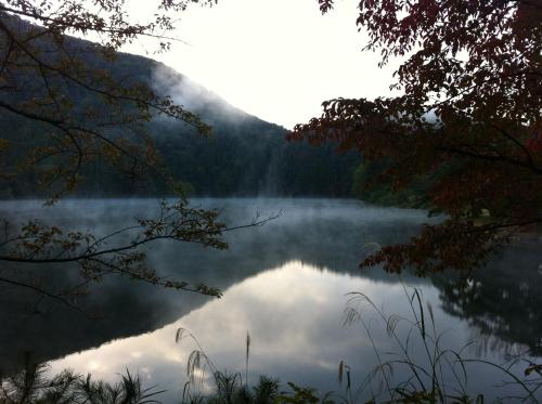 a view of a lake with fog on the water at Elizabeth in Nozawa Onsen