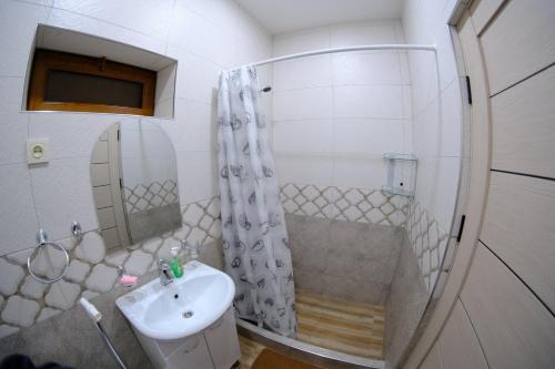 a bathroom with a shower and a sink at Gam guest house 1 in Meghri