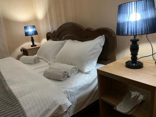 sypialnia z łóżkiem z 2 poduszkami i 2 lampami w obiekcie Villa Bodbe w mieście Sighnaghi