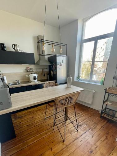 une cuisine avec une table et des chaises dans une pièce dans l'établissement Appartement Lille centre, à Lille
