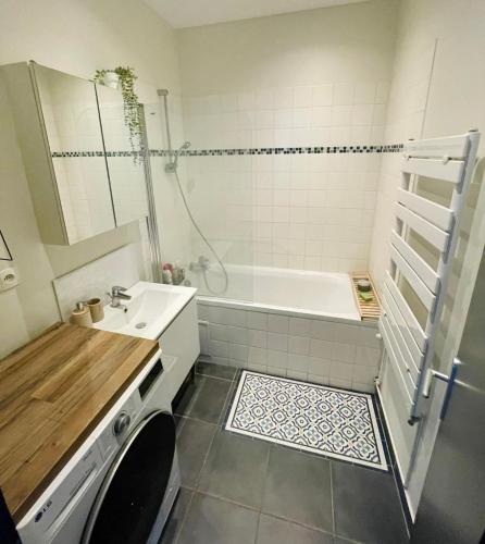 La salle de bains est pourvue d'une baignoire, d'un lavabo et d'un lave-linge. dans l'établissement Appartement Lille centre, à Lille
