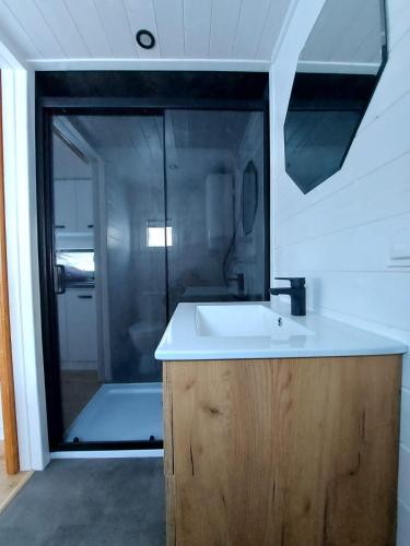 a bathroom with a sink and a shower at Anciasglamp in Dolný Kubín